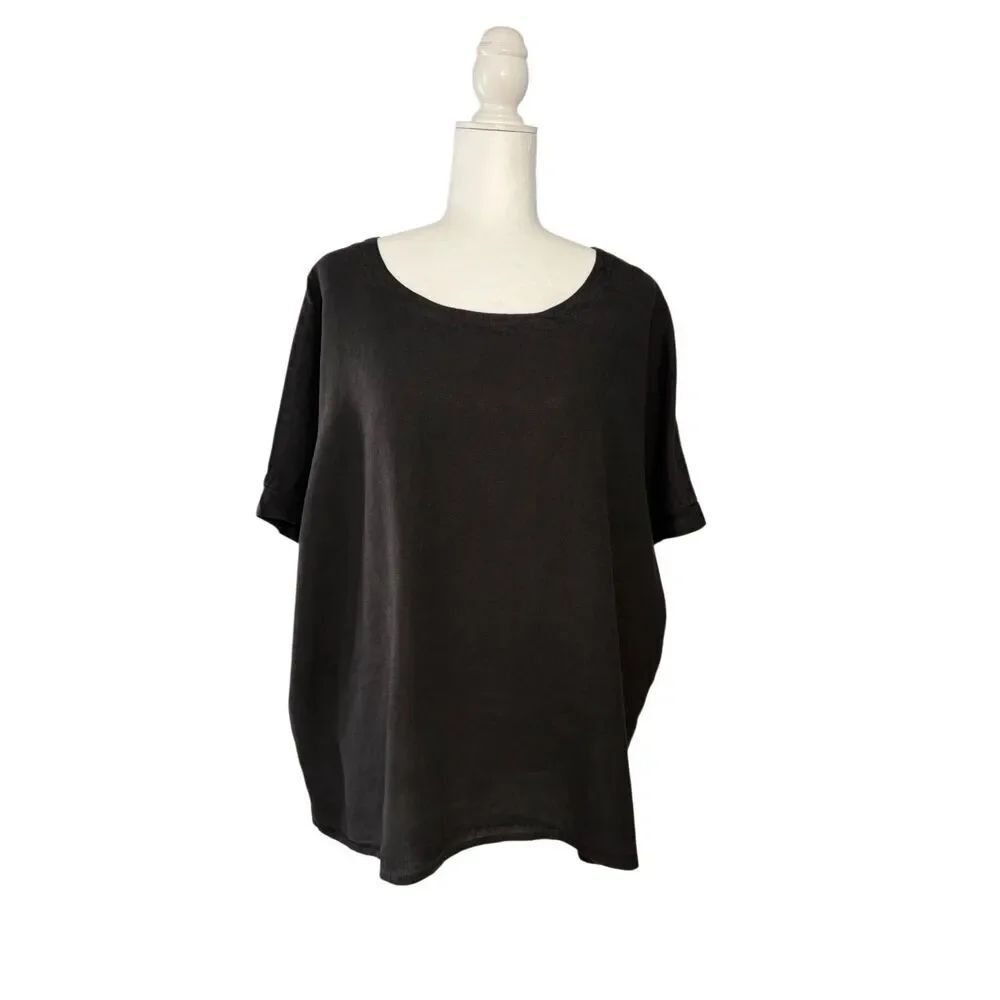 Lisa Bayne oversized black 100% linen top with short dolman sleeves - L
